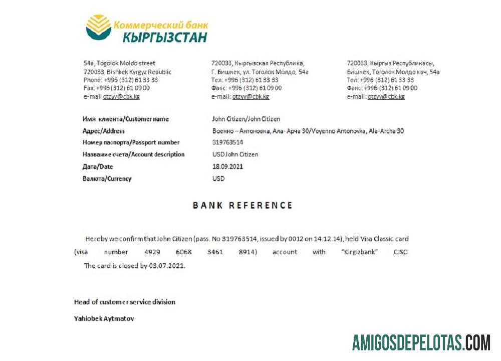 Referência de fechamento do Quirguistão Kirgizbank exemplo